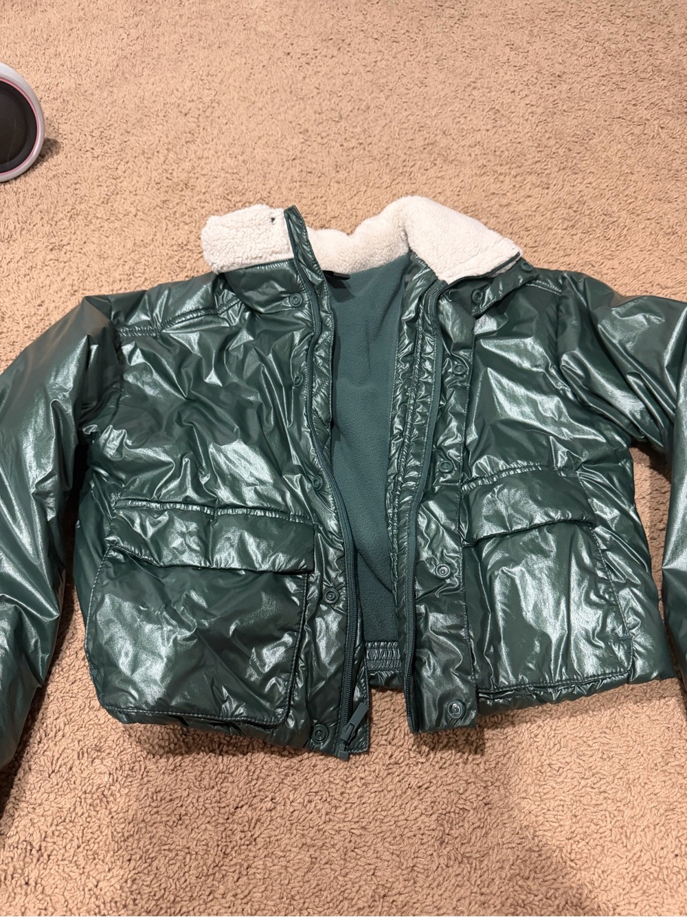 Womens Dark Green Sherpa Collar Puffer Jacket